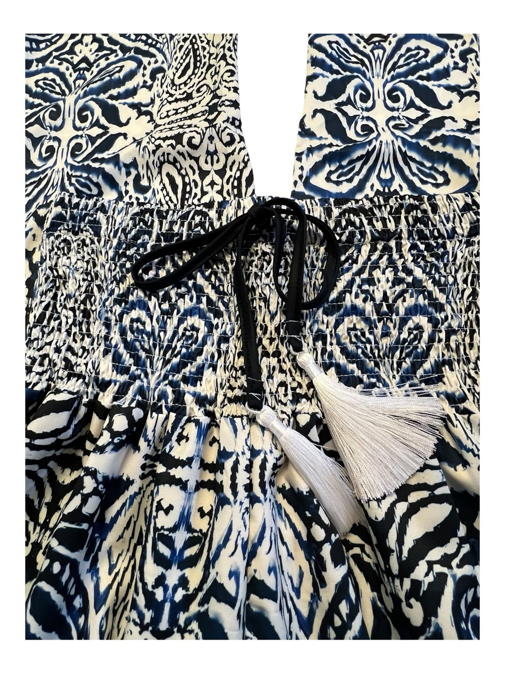 NWOT blue and white geometric print straight leg, smocked waist pants | size M - Picture 2 of 8